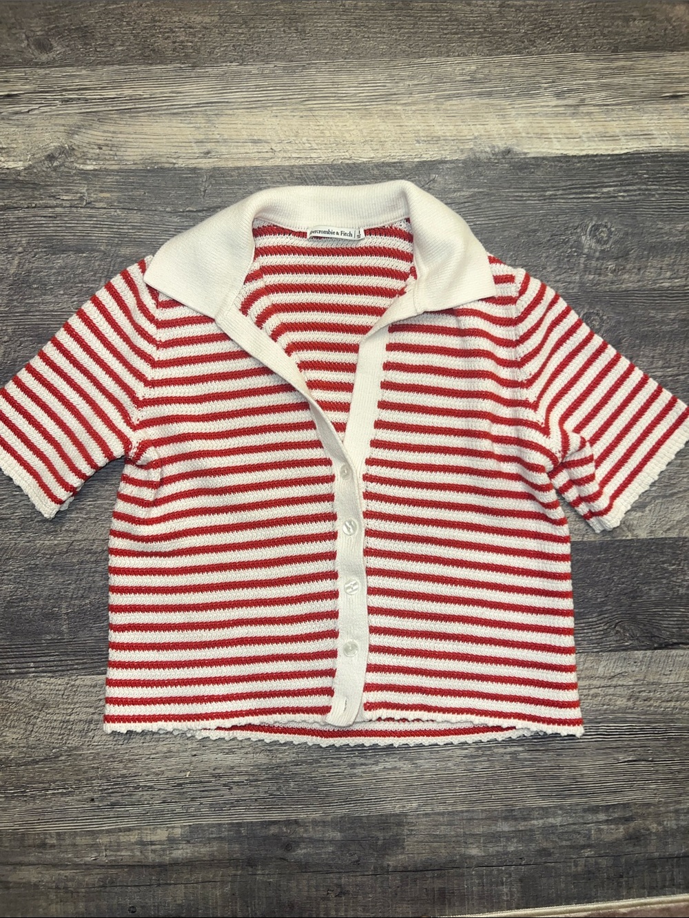 Abercrombie & Fitch 100% Cotton Red and Cream Striped Short-Sleeve Cardigan - Picture 3 of 5